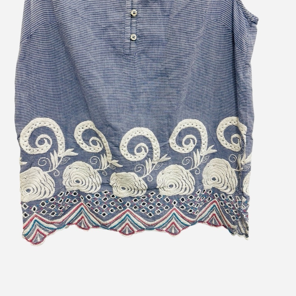 Talbots blue white striped top with embroidery and scalloped hem spring summer - Picture 5 of 11